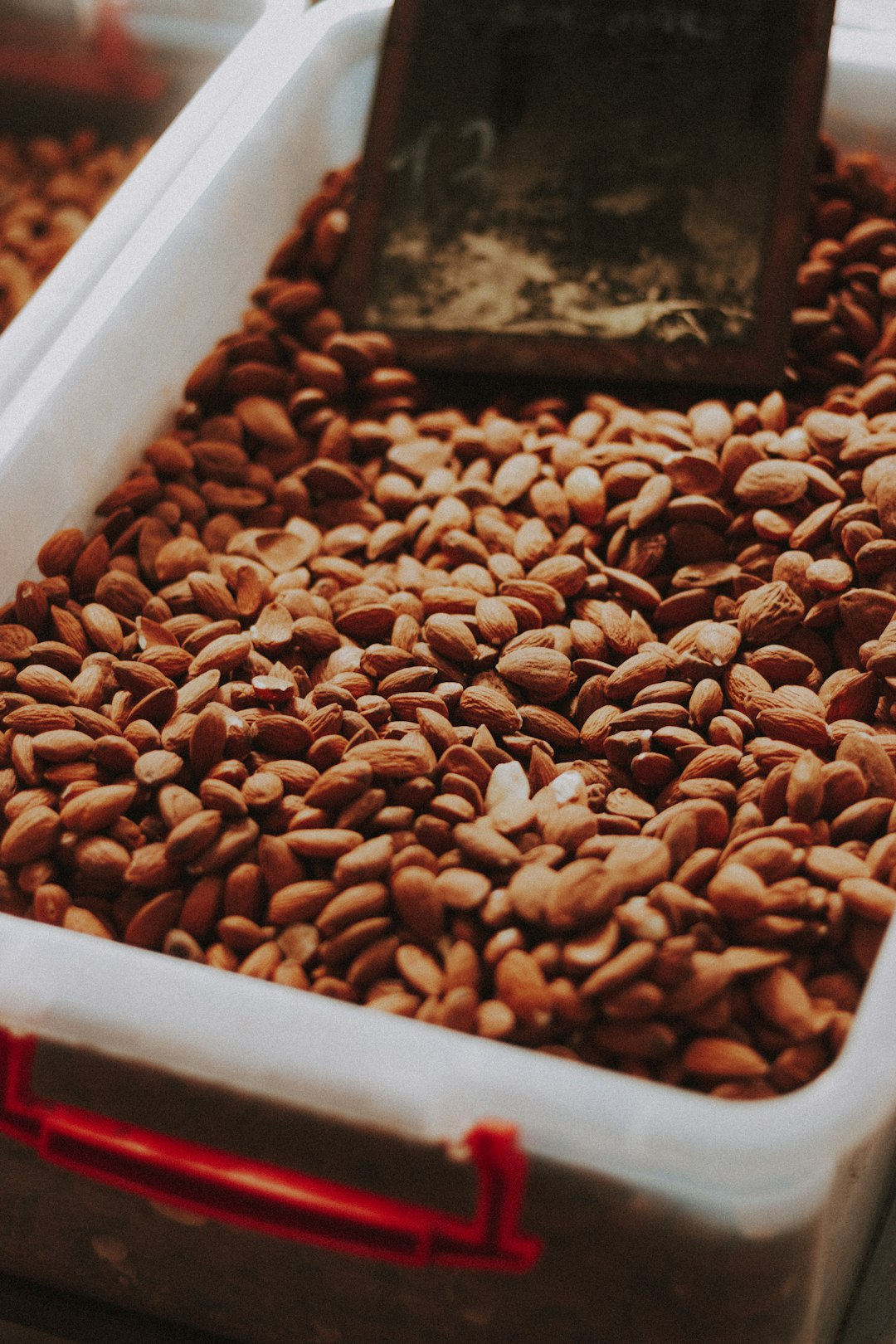 brown and white stones in white plastic container