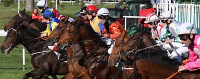 A group of jockeys riding racehorses are caught in mid-action, all wearing colorful racing silks and helmets. They appear to be at the starting gate, with focused and determined expressions as they begin a race. The background includes greenery and parts of the racing infrastructure.