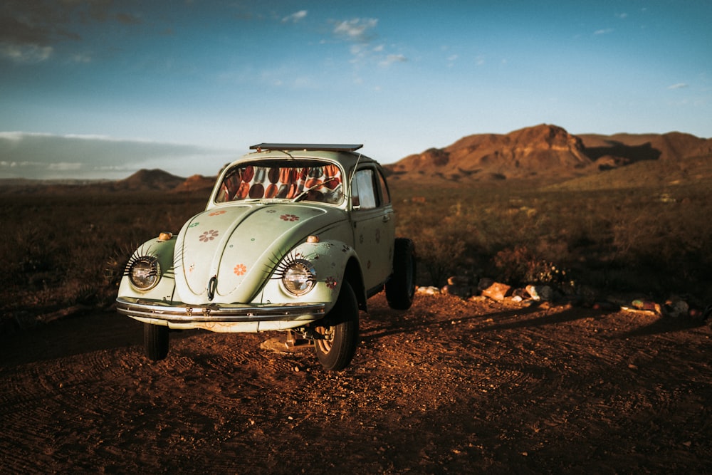 white volkswagen beetle on brown soil during daytime