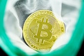 A gold-colored Bitcoin coin with a prominent Bitcoin logo is surrounded by fabric material, possibly a bag. The coin features intricate circuit-like designs and is highlighted as the central focus of the image. The background shows a mesh pattern in close-up.