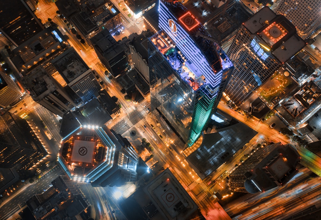 aerial view of city buildings during night time