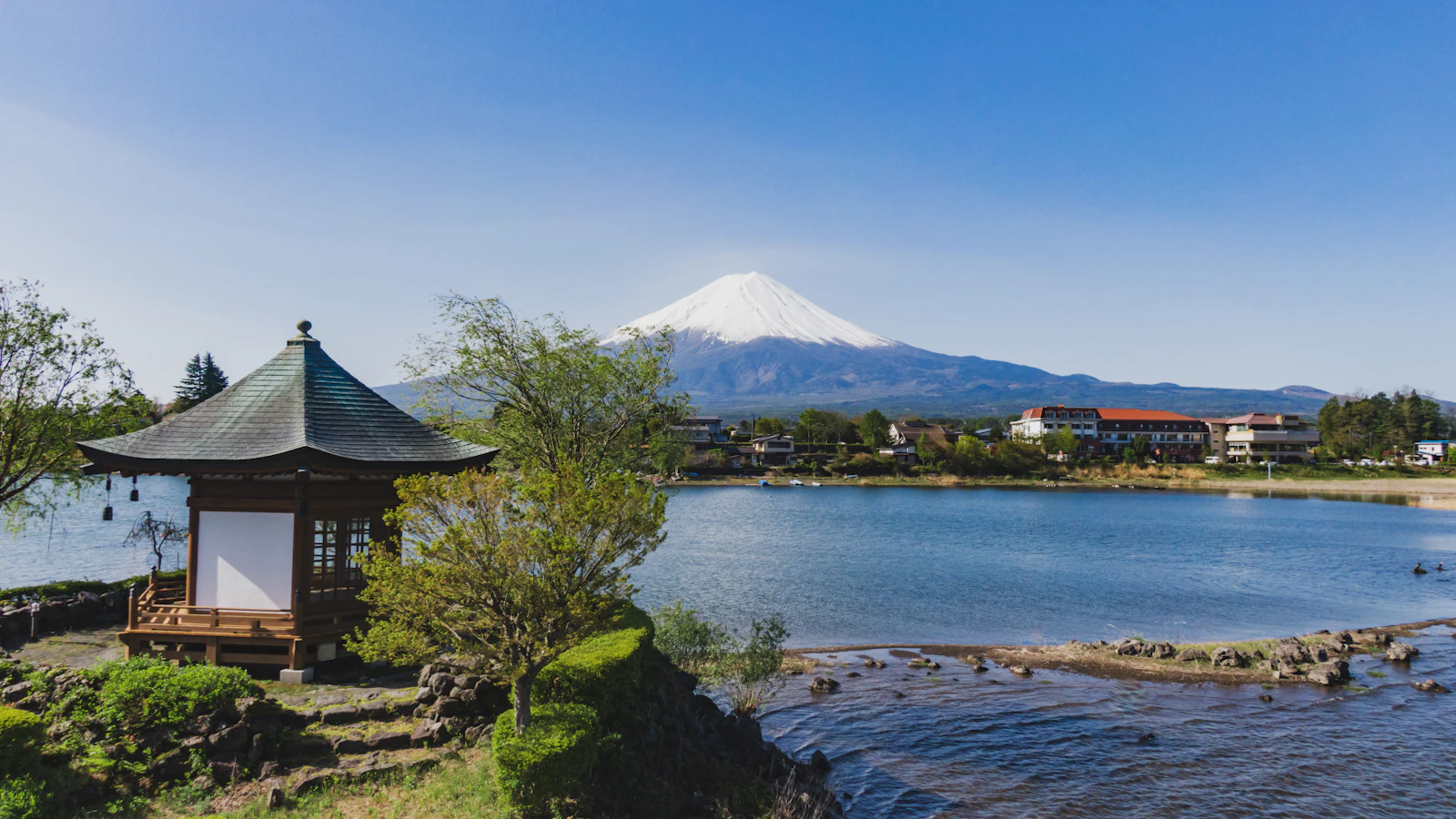 河口湖から望む富士山(湖の中央に浮かぶ小島) 当日は夫がドローンを飛ばしていました。