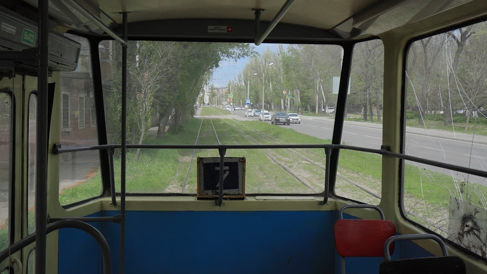 black and blue bus interior