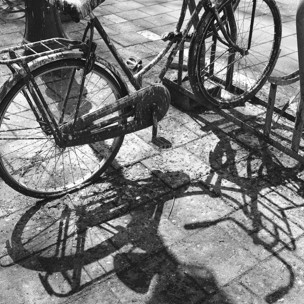 bicycle on the road in grayscale photography