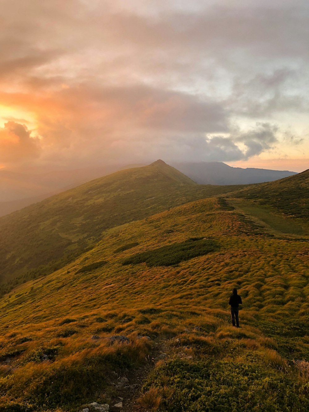 person standing on green grass field near mountain under cloudy sky during daytime