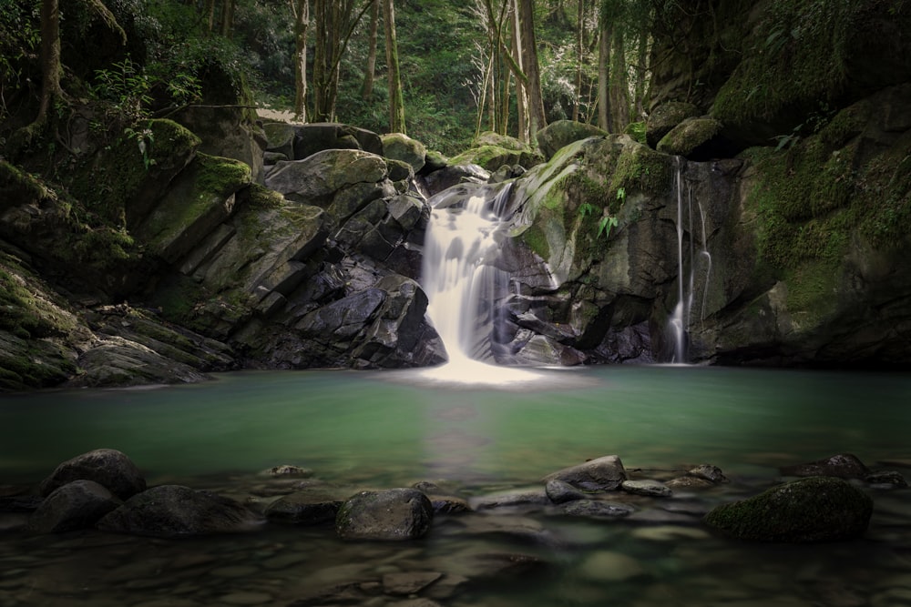 water falls in the middle of the woods