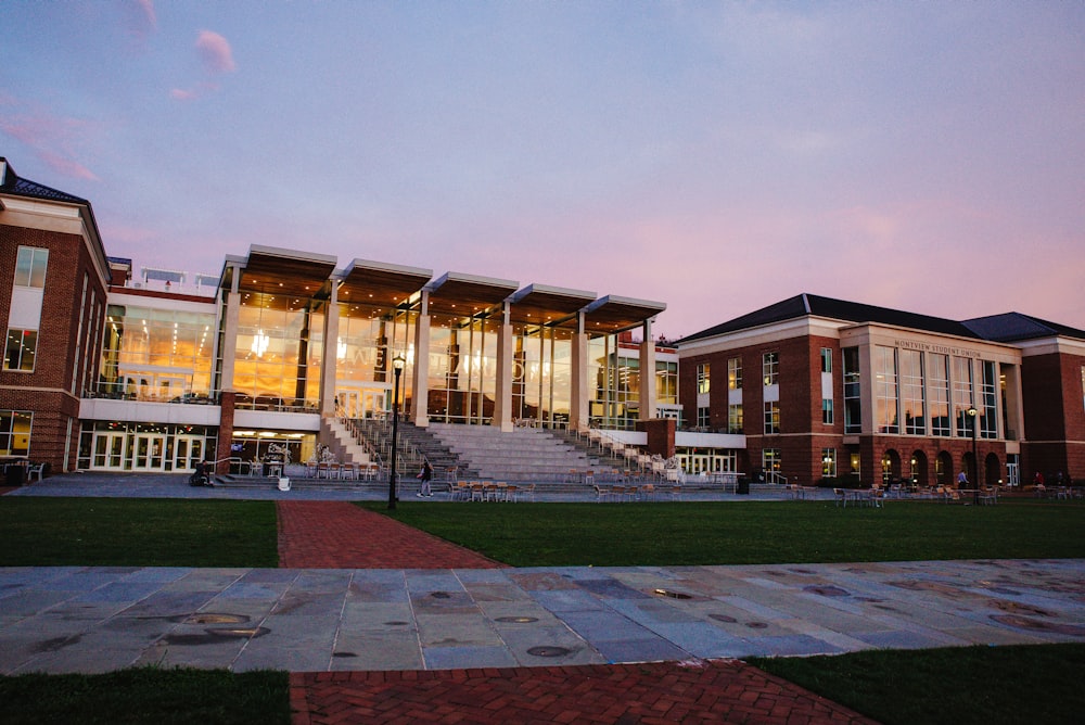 a large building with a lot of windows and steps