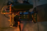 Close-up of professional filming equipment on a studio table.