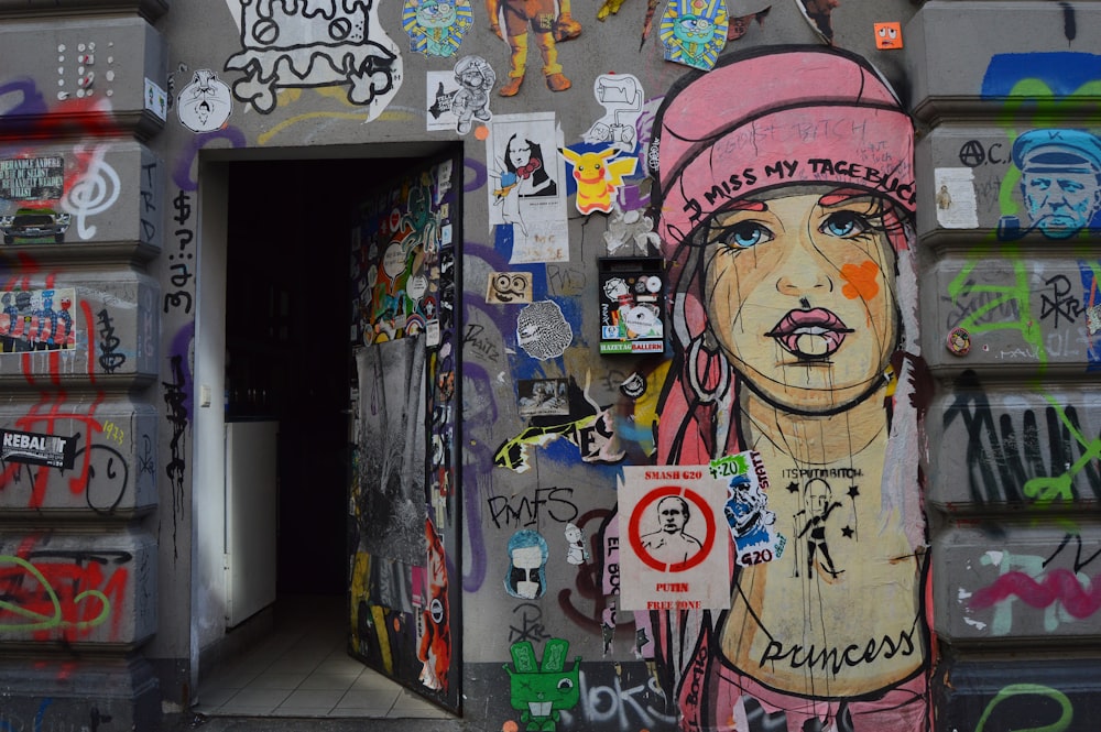 girl in pink hair wall graffiti