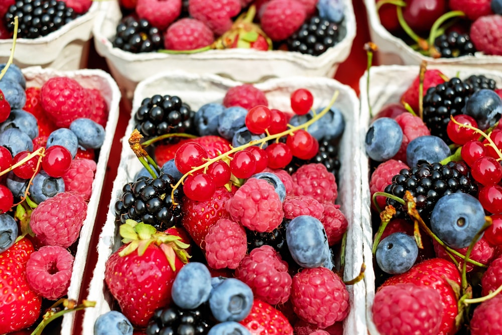 red and blue berries in white plastic container