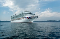 A large cruise ship is sailing on calm waters under a partly cloudy sky. The ship has multiple decks with numerous windows and is decorated with a red, white, and blue design on its bow.