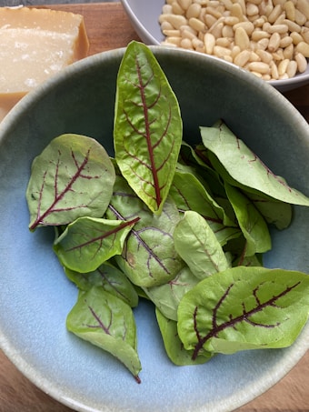 A blue bowl filled with green leaves that have red veins, positioned alongside a piece of hard cheese with a yellow rind and a bowl of pine nuts.