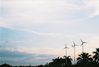 In the image, three wind turbines stand tall against a serene sky with light clouds. Palm trees and other vegetation are visible at the bottom, adding a natural touch to the industrial structures.