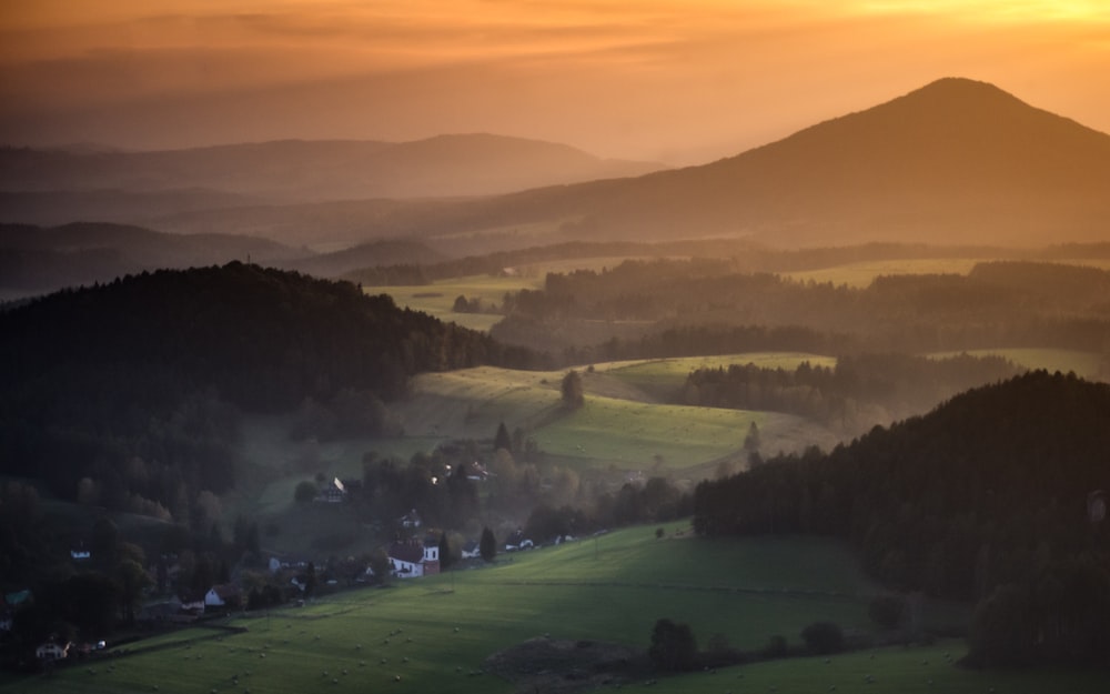 green grass field during sunset