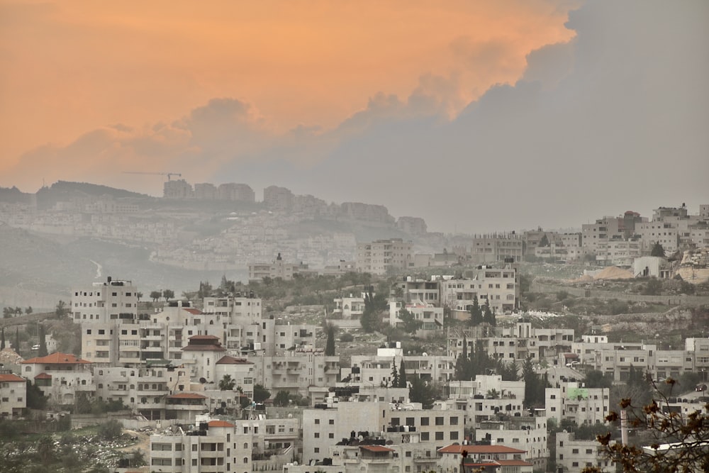 city with high rise buildings under orange sky