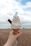 Close-up of a hand holding a surf-shaped spoon scooping creamy ice cream against a sunny coastal background.