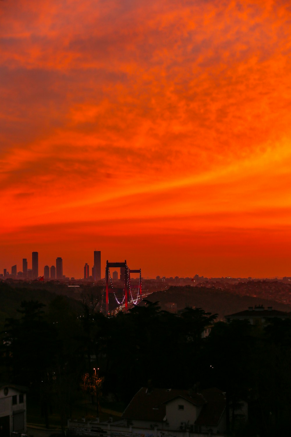 Horizon de la ville sous un ciel orange et bleu