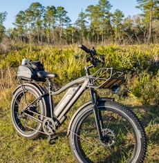 black and white mountain bike on green grass field during daytime