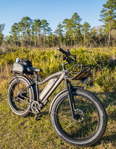 black and white mountain bike on green grass field during daytime