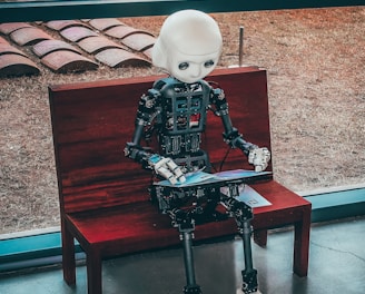 black and white robot toy on red wooden table