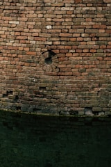 A weathered brick wall with an uneven surface, displaying multiple shades of red and brown. The center of the wall features a circular design made of bricks arranged in a radial pattern. The bottom part of the wall is adjacent to dark green, murky water, reflecting the bricks above.
