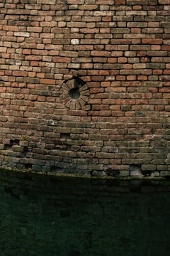 A weathered brick wall with an uneven surface, displaying multiple shades of red and brown. The center of the wall features a circular design made of bricks arranged in a radial pattern. The bottom part of the wall is adjacent to dark green, murky water, reflecting the bricks above.