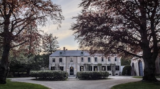 A grand mansion entrance with ornate doors and lush greenery.