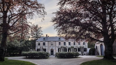 An elegant private estate surrounded by lush greenery and security measures.