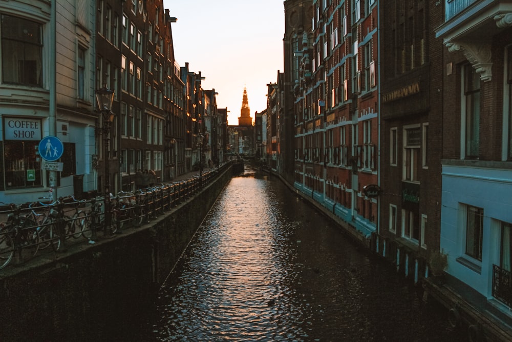 river between concrete buildings under white sky during daytime