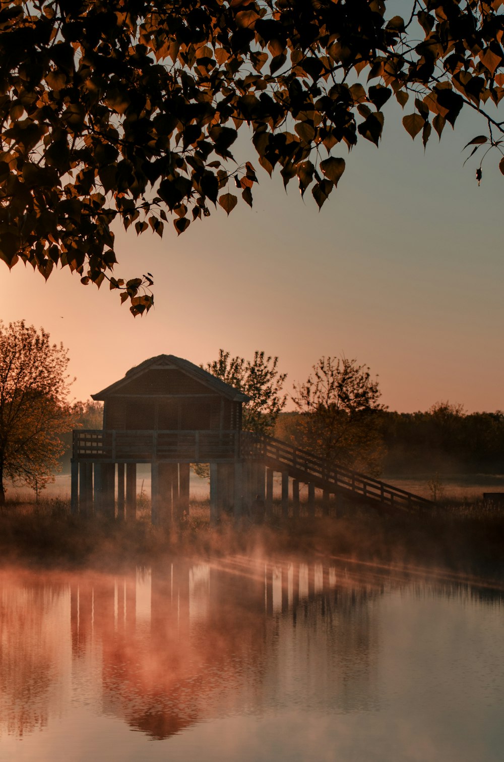 brown wooden house near lake during night time