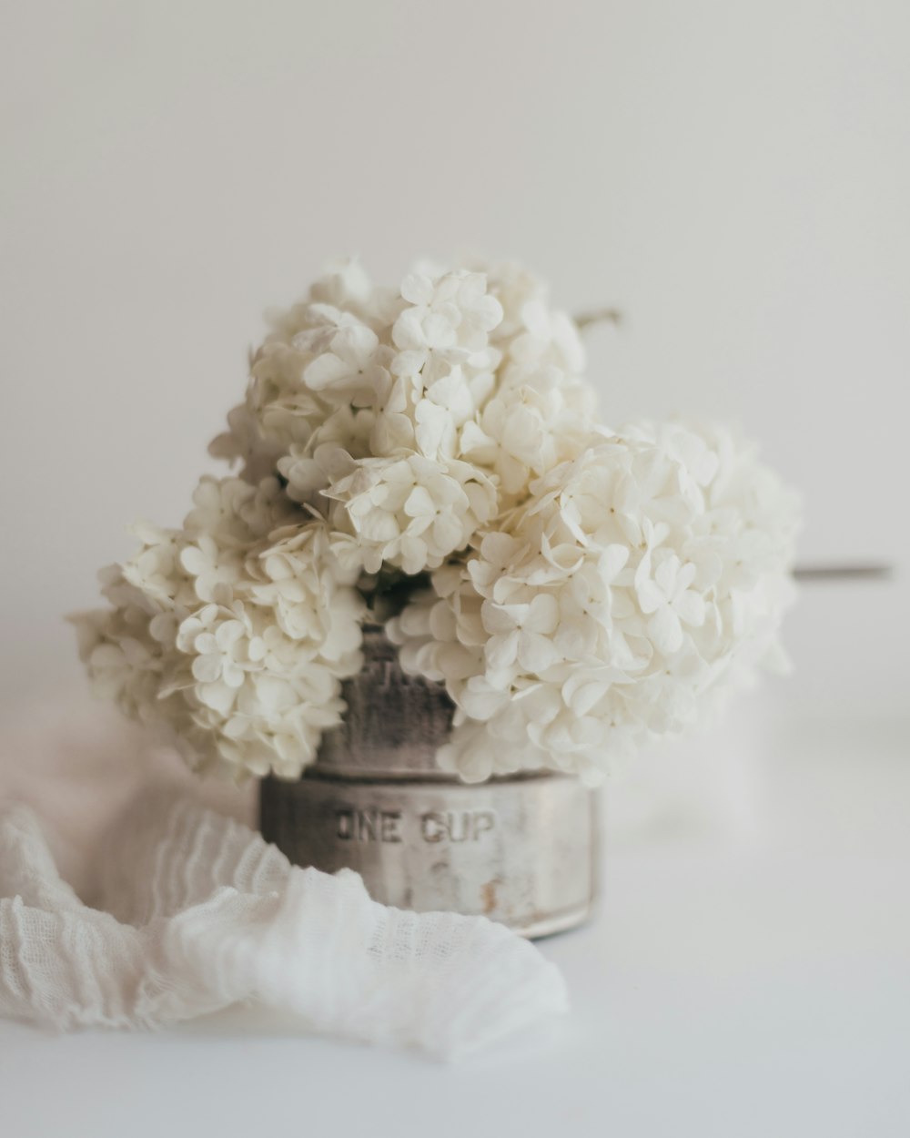 Ramo de flores blancas sobre mesa blanca