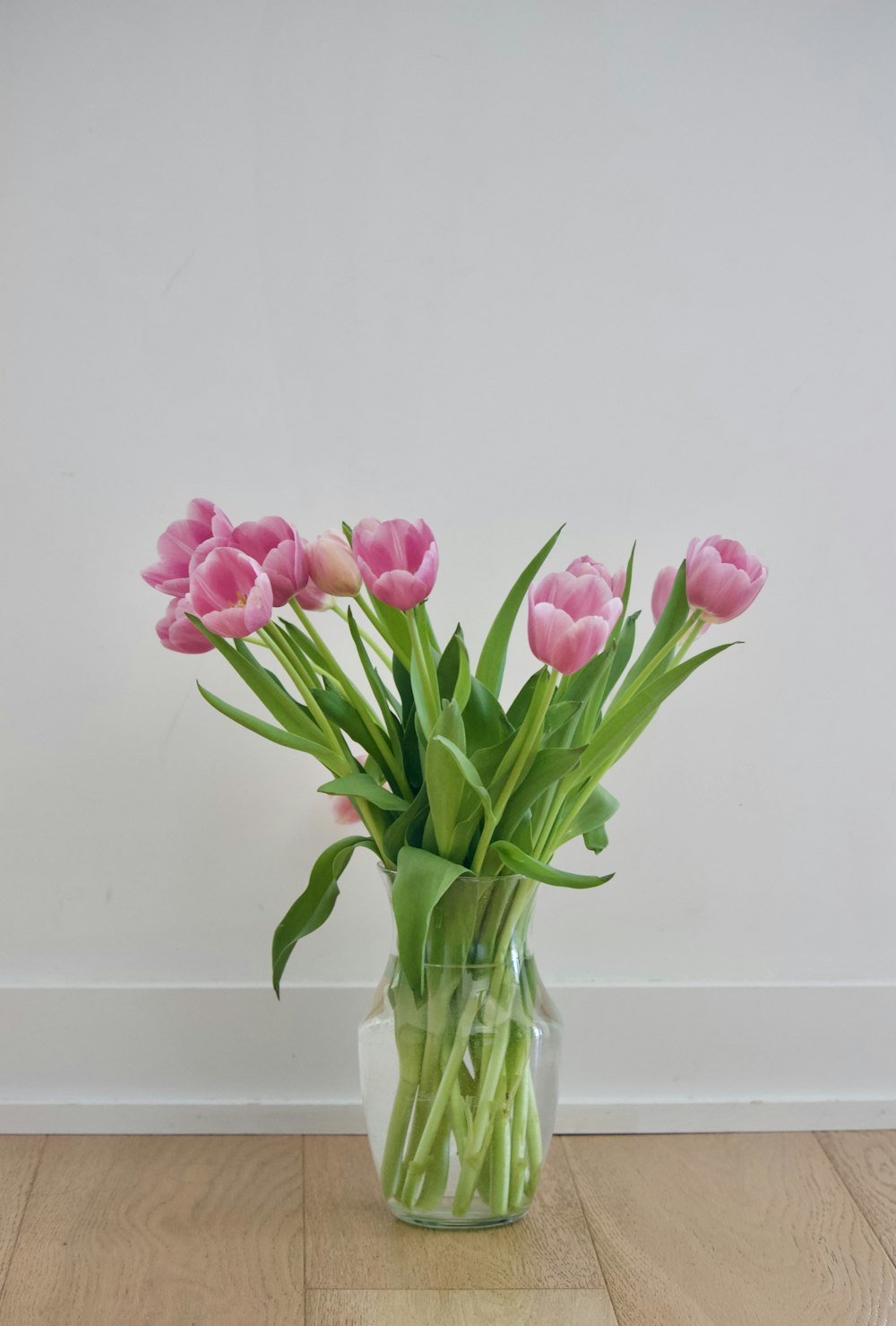 Tulipanes rosas en jarrón de vidrio transparente