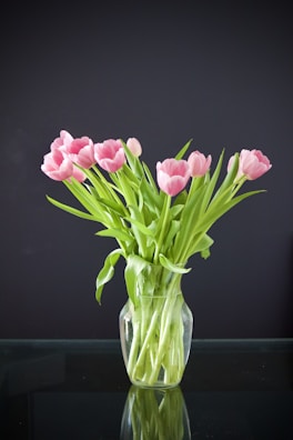 Delicate pink tulips arranged elegantly in a glass vase