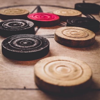 black and brown round coins