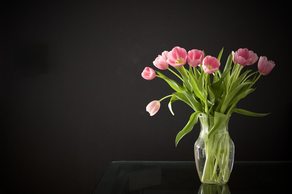 pink tulips in clear glass vase