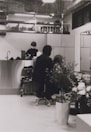 A hair salon with a person sitting on a chair, facing away, getting their hair styled or cut by a stylist. The salon has a modern and clean interior with a counter at the back, shelves with various products, and large plants in the foreground. There is another person in the background behind the counter, possibly an employee.