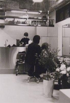 A hair salon with a person sitting on a chair, facing away, getting their hair styled or cut by a stylist. The salon has a modern and clean interior with a counter at the back, shelves with various products, and large plants in the foreground. There is another person in the background behind the counter, possibly an employee.