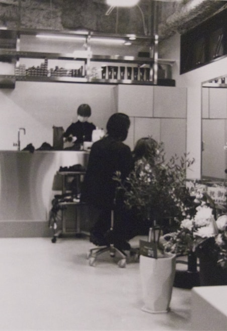A hair salon with a person sitting on a chair, facing away, getting their hair styled or cut by a stylist. The salon has a modern and clean interior with a counter at the back, shelves with various products, and large plants in the foreground. There is another person in the background behind the counter, possibly an employee.