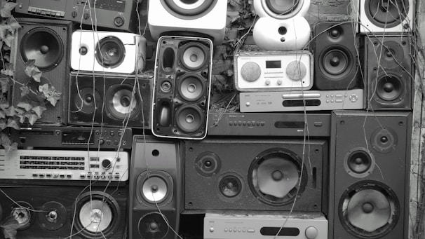 A collection of various speaker components arranged neatly.