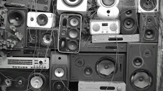 grayscale photo of stereo component