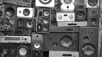 A collage of various speakers and sound equipment stacked together. The arrangement includes different sizes and styles of speakers, some with visible wear and tear. Overgrown plants and vines are interspersed among the equipment, creating a contrast between technology and nature.