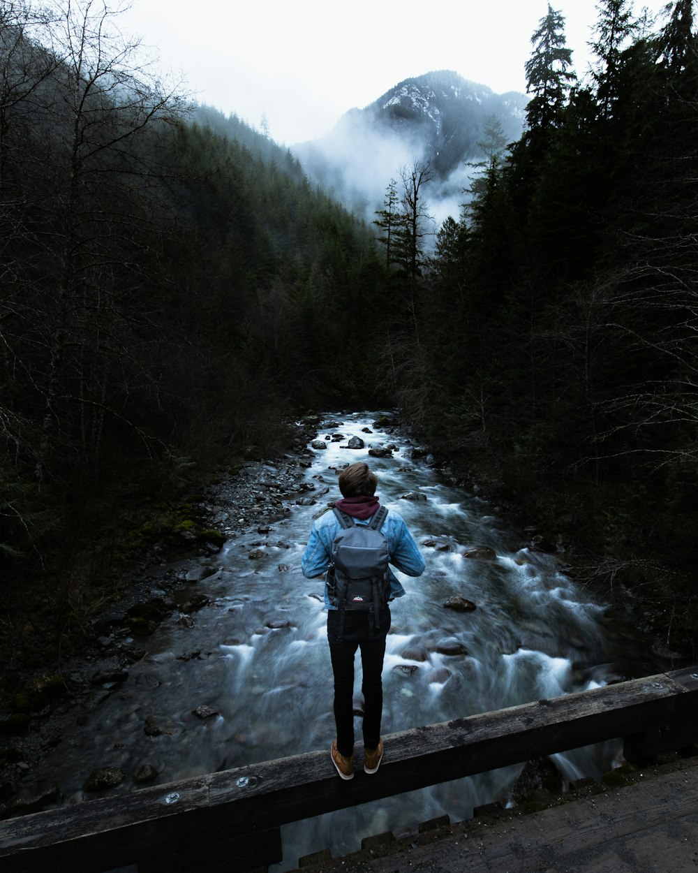 person in blue jacket and black pants walking on snow covered pathway