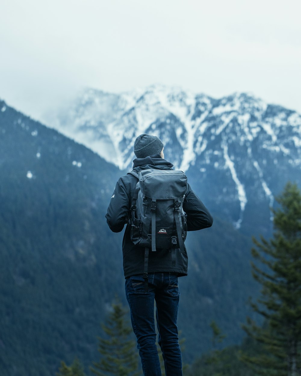 Foto de hombre con chaqueta negra y jeans azules parados en una roca  mirando la montaña cubierta de nieve – Imagen gratuita Columbia británica  en Unsplash