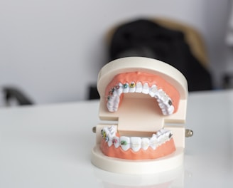 Close-up of braces on a smiling teenager's teeth with a soft green background.