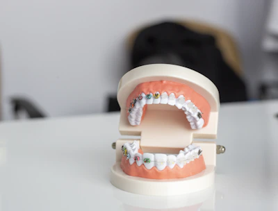Close-up of braces on a smiling teenager's teeth with a soft green background.
