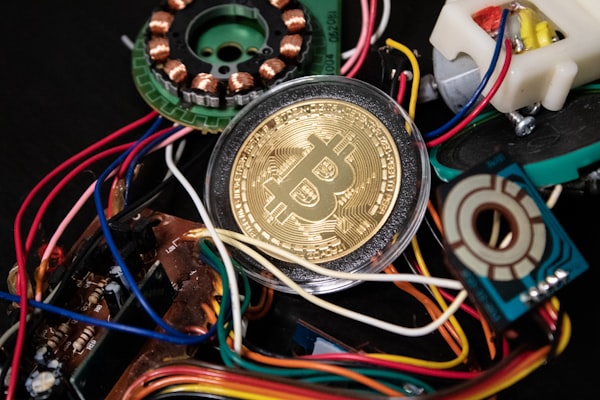 A disk with the bitcoin logo against a background of wired and circuits
