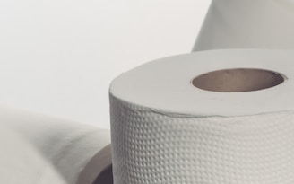 Two rolls of toilet paper are positioned with one roll in the foreground displaying a textured surface. The background is blurred, showcasing part of another roll.