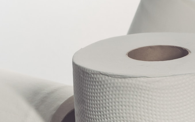 Two rolls of toilet paper are positioned with one roll in the foreground displaying a textured surface. The background is blurred, showcasing part of another roll.