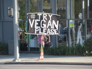 A person is standing on a sidewalk holding a large sign that reads '#TRY VEGAN PLEASE' in bold white letters. The background includes a storefront with mannequins in the window and green plants along the building's exterior.