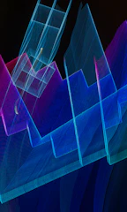 Abstract geometric shapes interlaced with circuit patterns glowing softly against a deep navy background.